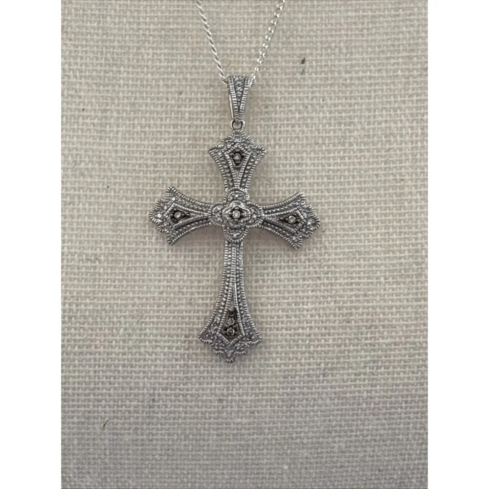 Stunning Sterling Silver Pave Genuine Natural Diamond Cross Pendant 24